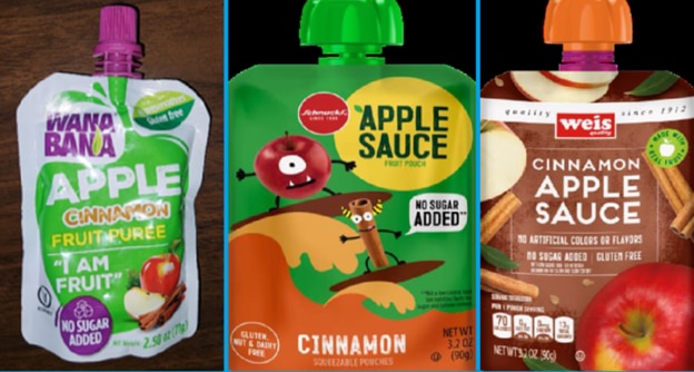 Photo of the front and back of 3 different brands of apple cinnamon fruit puree pouches